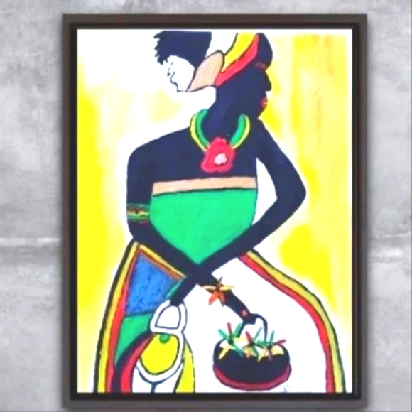 11x14 Original Painting African woman ethnic headcovering yellow green white